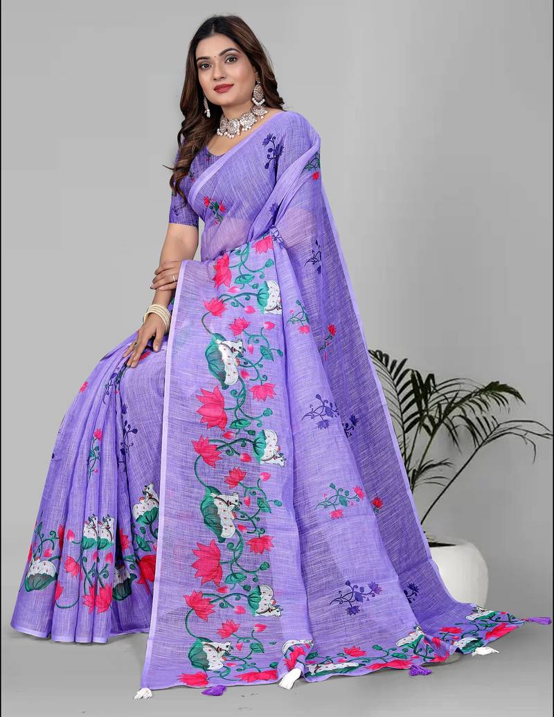 purple floral linen cotton digital print saree(purple)