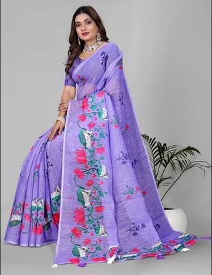 purple floral linen cotton digital print saree(purple) 2