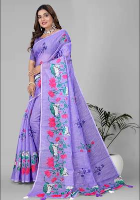 purple floral linen cotton digital print saree(purple) 3