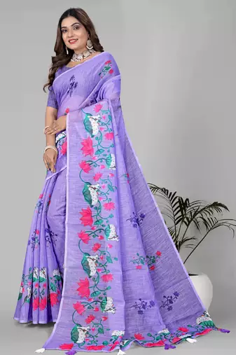 purple floral linen cotton digital print saree(purple)