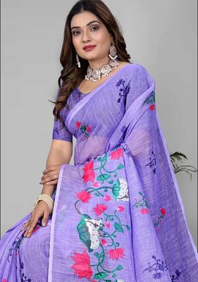 purple floral linen cotton digital print saree(purple) 4