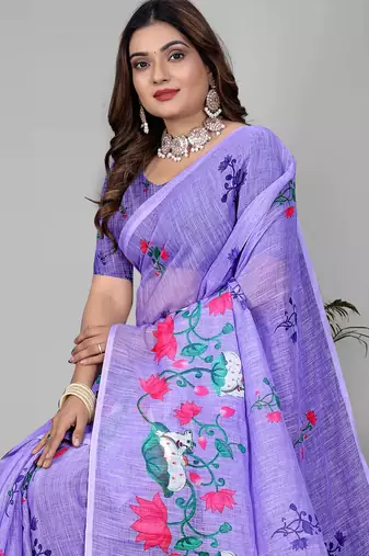 purple floral linen cotton digital print saree(purple)