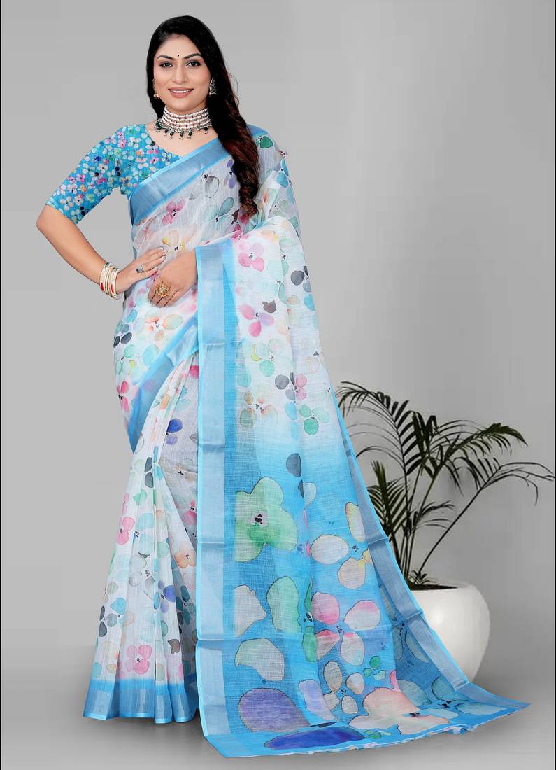 multi colour flower digital print saree