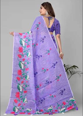 purple floral linen cotton digital print saree(purple) 5
