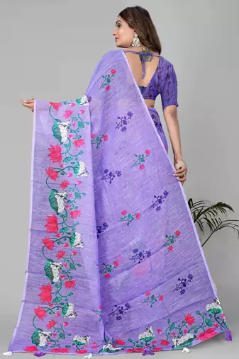 purple floral linen cotton digital print saree(purple)