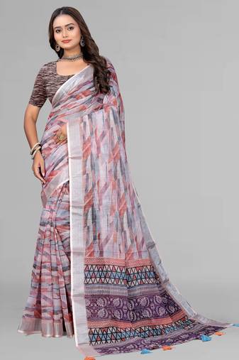 multicolour  linen cotton digital print saree (multicolour)