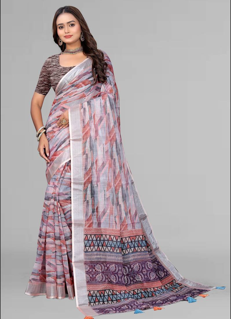 multicolour  linen cotton digital print saree (multicolour)