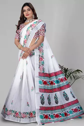 white floral linen cotton digital print saree (white)