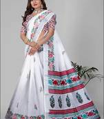 white floral linen cotton digital print saree (white)