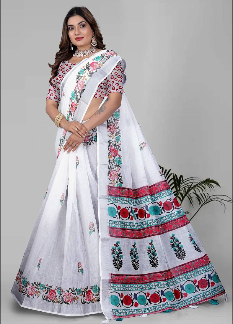 white floral linen cotton digital print saree (white)
