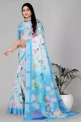 multi colour flower digital print saree
