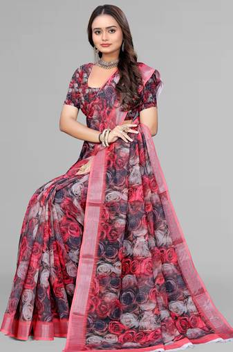 multicolour  linen floral digital print saree (multi)