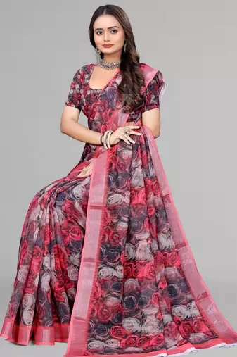 multicolour  linen floral digital print saree (multi)