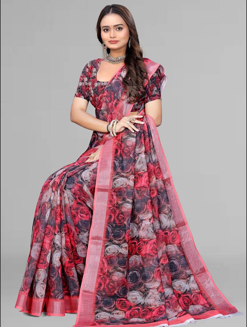 multicolour  linen floral digital print saree (multi)