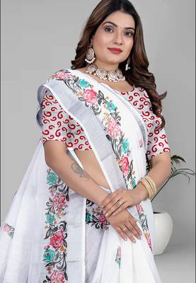 white floral linen cotton digital print saree (white) 3