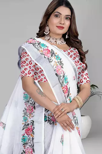 white floral linen cotton digital print saree (white)