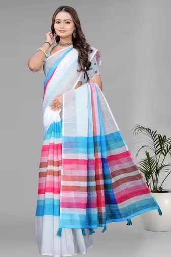 multicolour  linen cotton digital print saree