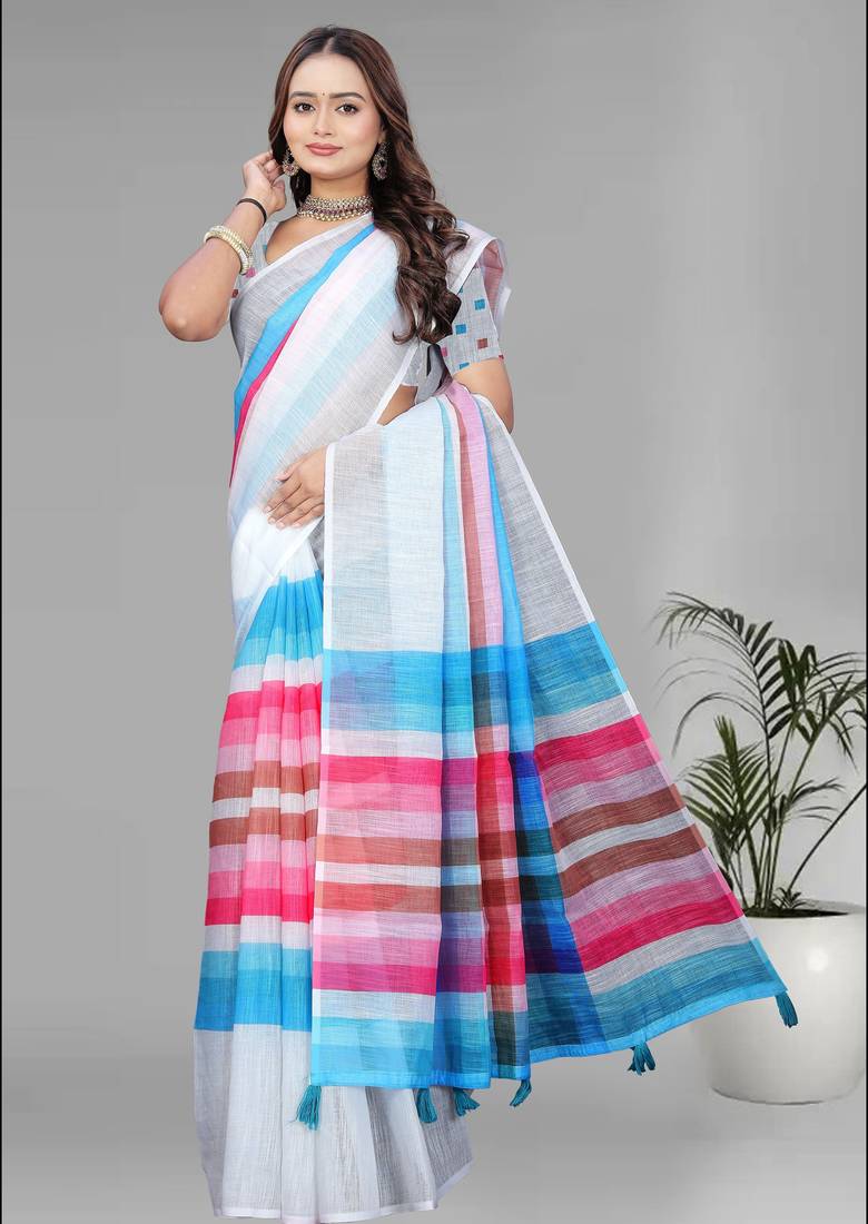 multicolour  linen cotton digital print saree