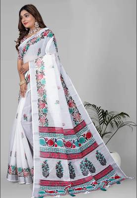 white floral linen cotton digital print saree (white) 4