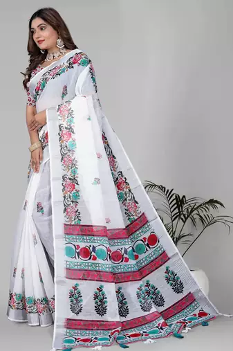 white floral linen cotton digital print saree (white)