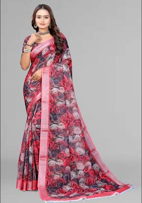 multicolour  linen floral digital print saree (multi) 3