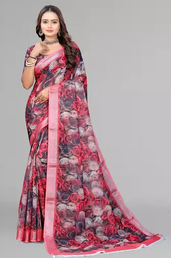 multicolour  linen floral digital print saree (multi)