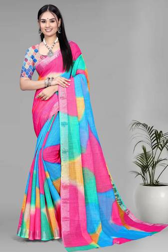 multicolour  linen  digital print saree (multi)
