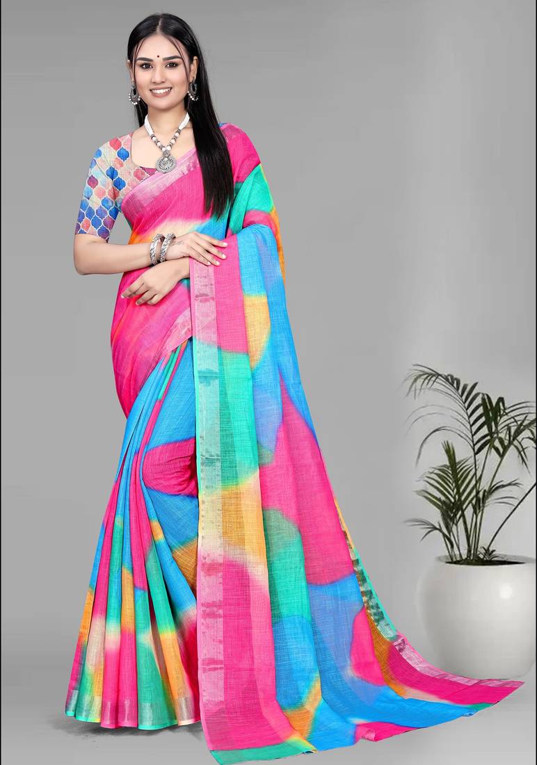 multicolour  linen  digital print saree (multi)