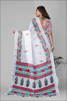white floral linen cotton digital print saree (white) 5
