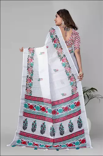 white floral linen cotton digital print saree (white)
