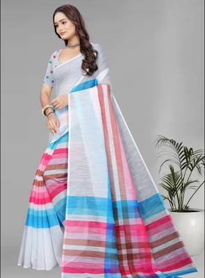 multicolour  linen cotton digital print saree 3