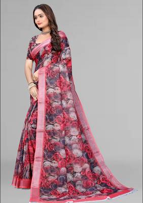 multicolour  linen floral digital print saree (multi) 4