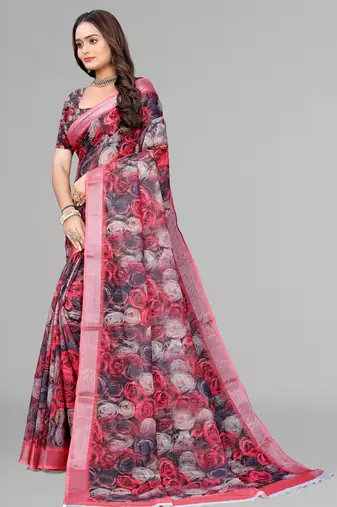 multicolour  linen floral digital print saree (multi)
