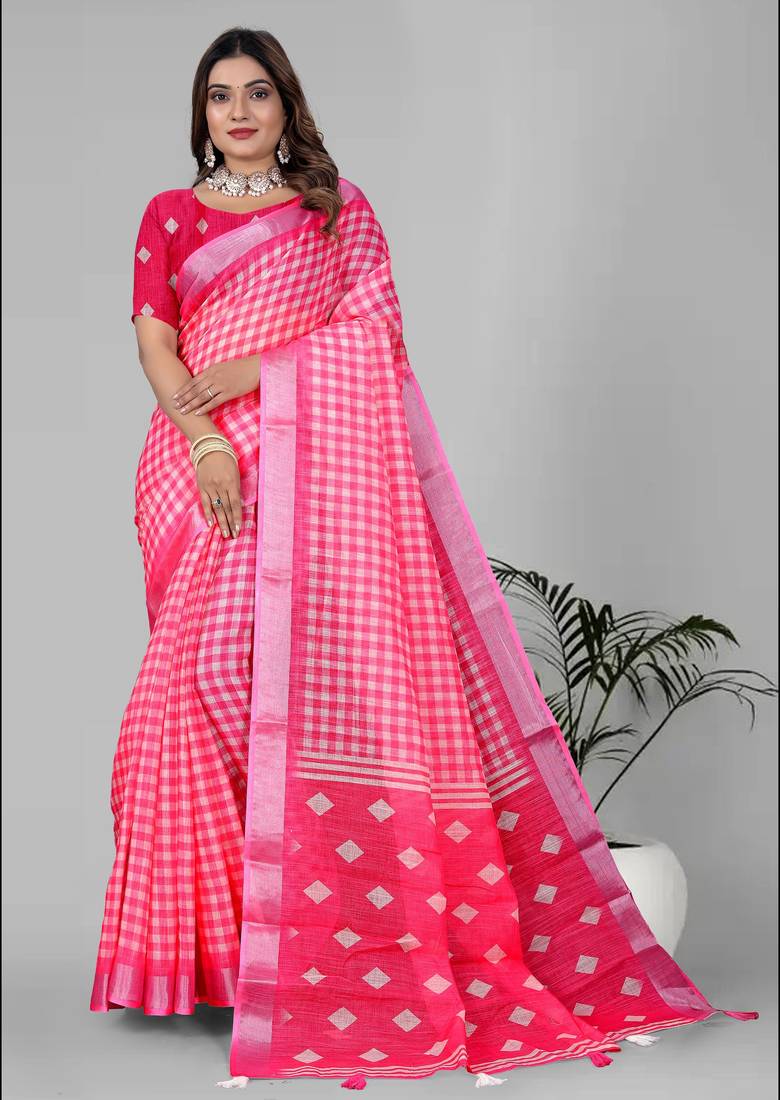 pink  linen cotton digital print saree (pink)