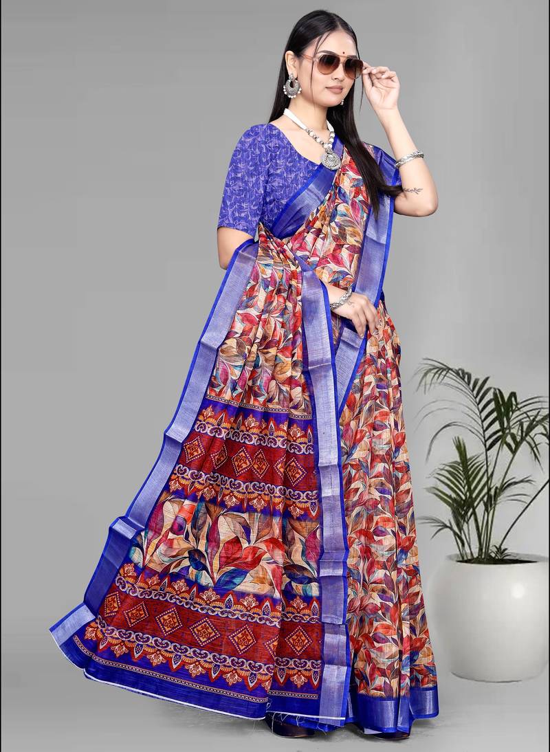 multicolour linen  digital print saree (multi)