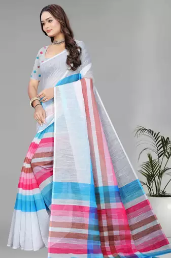 multicolour  linen cotton digital print saree