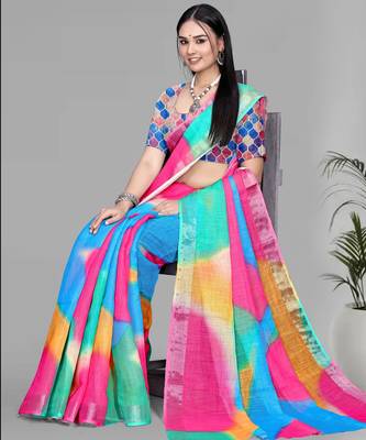multicolour  linen  digital print saree (multi) 3