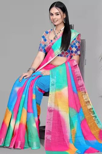 multicolour  linen  digital print saree (multi)