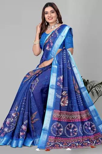 blue  linen cotton digital print saree (blue)