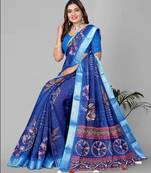 blue  linen cotton digital print saree (blue)
