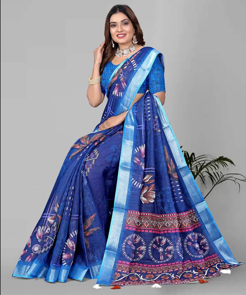 blue  linen cotton digital print saree (blue)