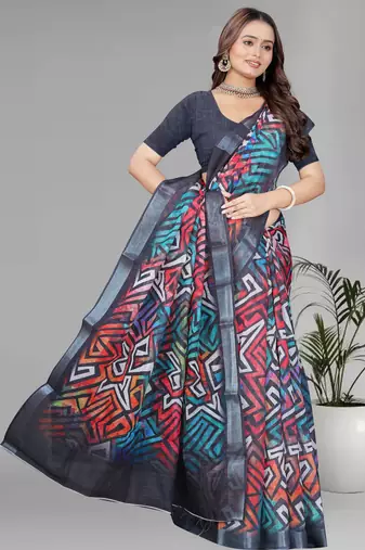 multicolour  linen digital print saree (multi)