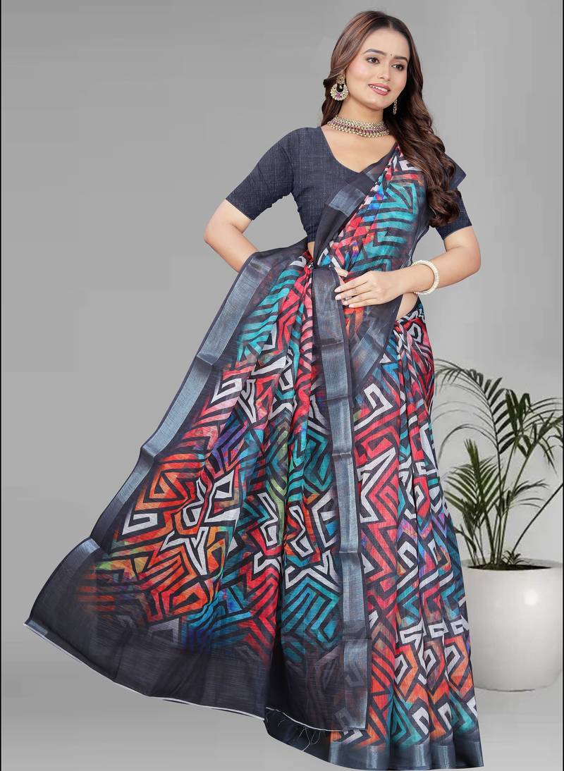 multicolour  linen digital print saree (multi)