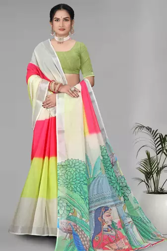 multicolour  linen  digital print saree