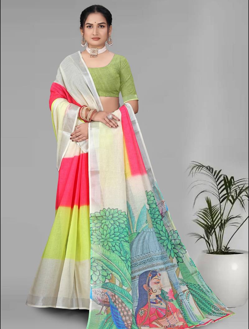 multicolour  linen  digital print saree