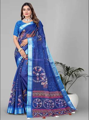 blue  linen cotton digital print saree (blue) 3