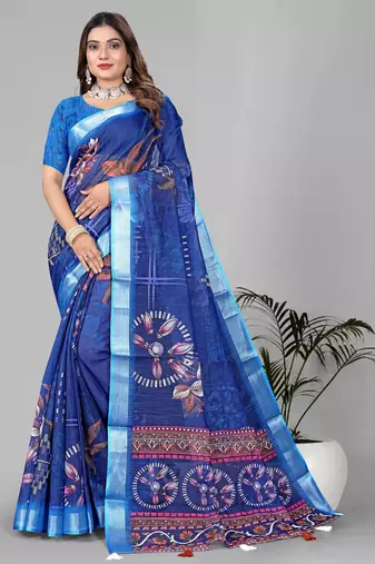 blue  linen cotton digital print saree (blue)