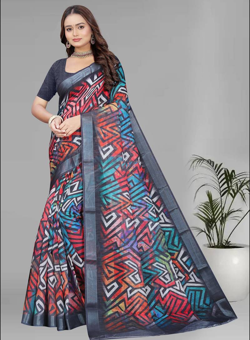 multicolour  linen digital print saree (multi)