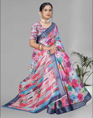 multicolour  linen floral digital print saree (multi) 1