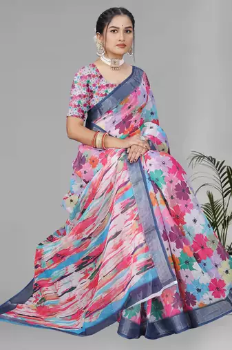 multicolour  linen floral digital print saree (multi)